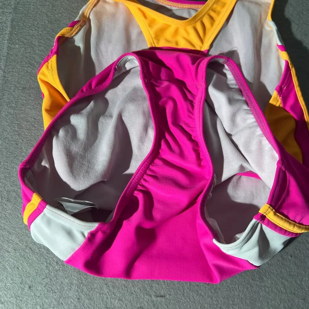 Speedo Girls Size 14 Pink Orange White Colorblock Racerback One Piece Swimsuit
